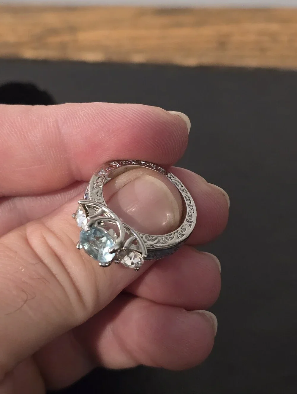Aquamarine Three Stone Engagement Ring Vintage Filigree Enamel Band Size 7 CZ